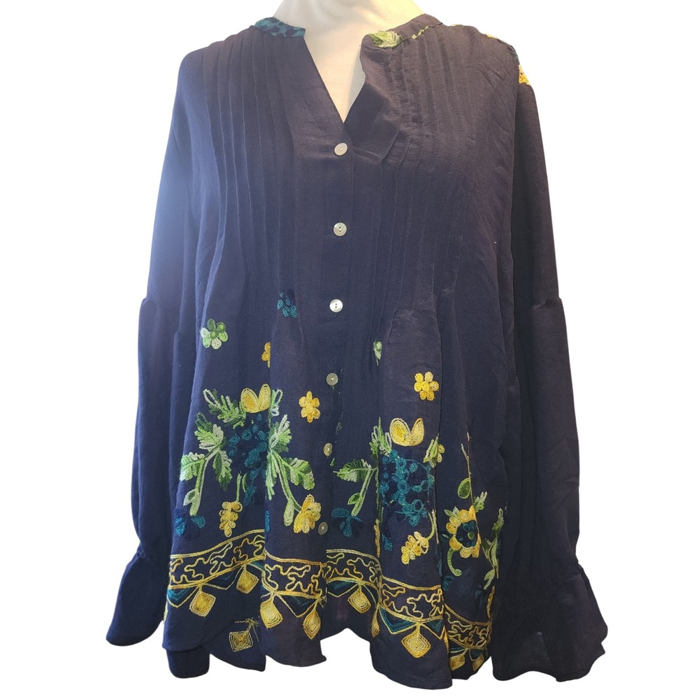 Hope Springs Navy Blue Embroidered Boho Blouse Plus Size 2XL Floral Cottagecore